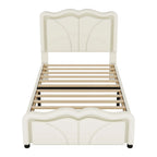 Twin Size Upholstered Platform Bed with Curved Adjustable Headboard and LED Lights, White, Pine Wood MDF PU - Eloy Royal