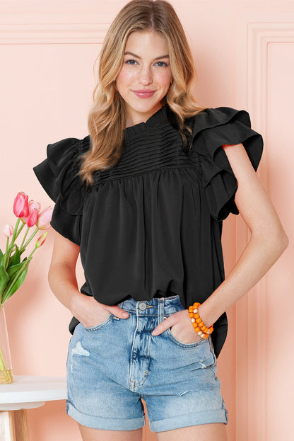 Grapefruit Orange Ruched Frilled Neck Ruffle Blouse - Eloy Royal