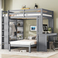 Full XL/Full over Twin Bunk Bed with Dismountable Lower Bed and Desk, Solid Wood Bunk Beds Frame with Built-in Shelves and Wardrobe, Can be Converted into Loft Bed, Grey
