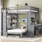 Full XL/Full over Twin Bunk Bed with Dismountable Lower Bed and Desk, Solid Wood Bunk Beds Frame with Built-in Shelves and Wardrobe, Can be Converted into Loft Bed, Grey