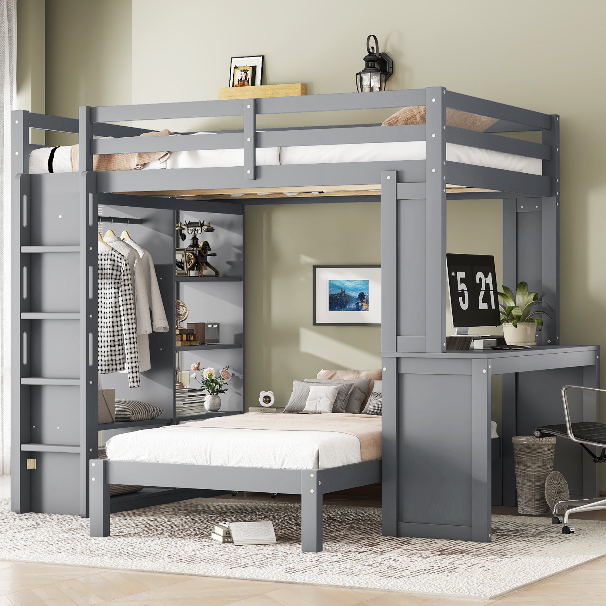 Full XL/Full over Twin Bunk Bed with Dismountable Lower Bed and Desk, Solid Wood Bunk Beds Frame with Built-in Shelves and Wardrobe, Can be Converted into Loft Bed, Grey