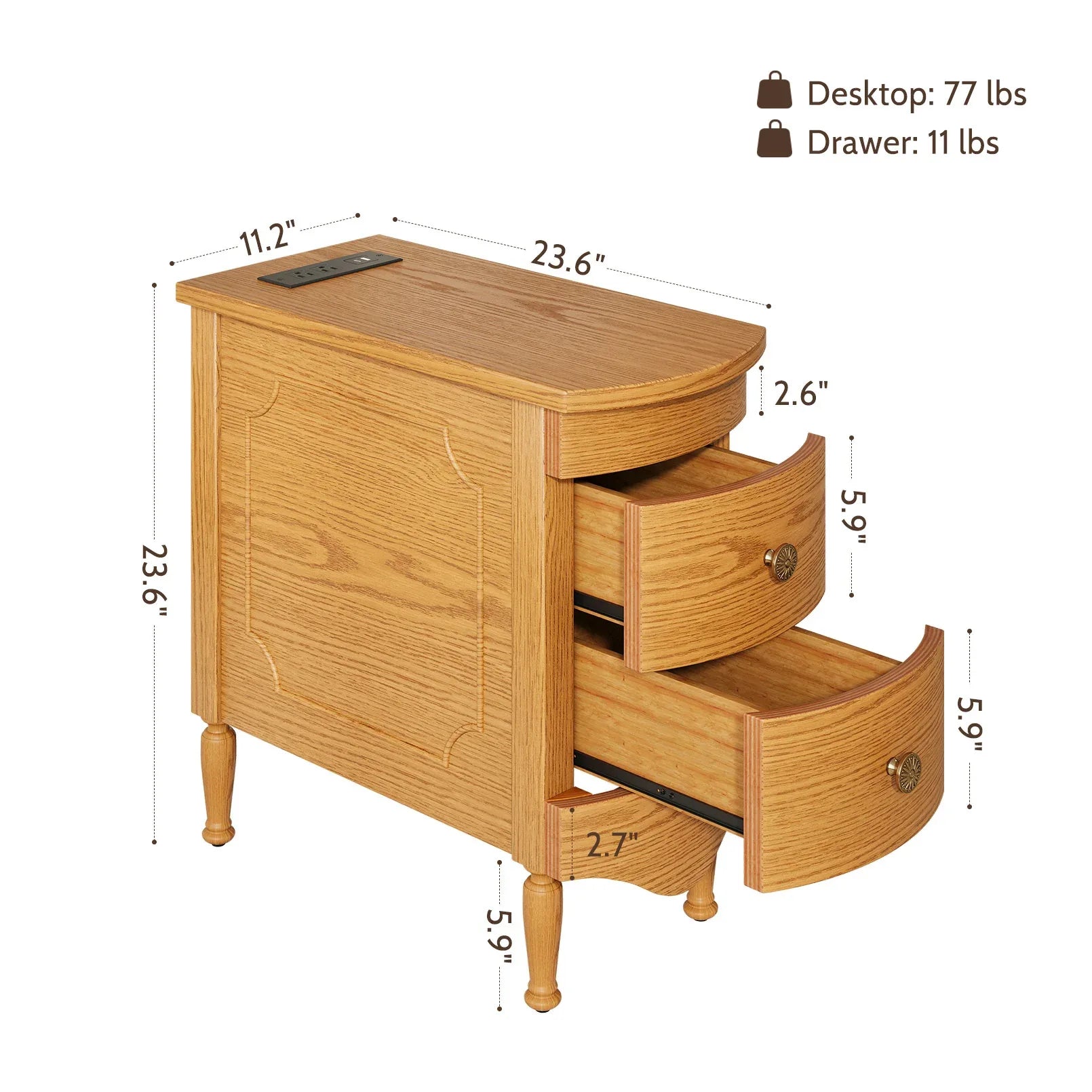 Vividwood End Table with Charging Station, Narrow Side Table with 2 Drawer, Wood Sofa Side Table with Solid Wood Feet for Living Room, Vintage Slim Nightstand Bedside Table for Bedroom, Pre-Assembled - Eloy Royal