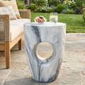 19.29'H Modern Round MgO Side Table with Cutout Accent, Faux Marble Outdoor Garden Stool & Indoor End Table, Weather Resistant Decorative Accent Table, No Assembly Required, Blue Marble