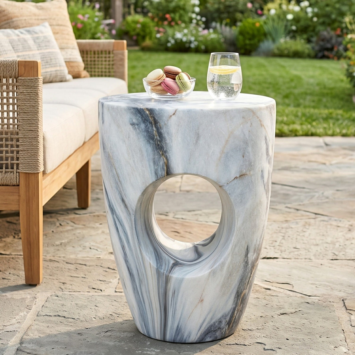 19.29'H Modern Round MgO Side Table with Cutout Accent, Faux Marble Outdoor Garden Stool & Indoor End Table, Weather Resistant Decorative Accent Table, No Assembly Required, Blue Marble