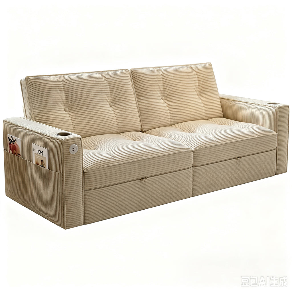 SOMNUS Modern Corduroy 2-in-1 Convertible Sofa Bed in White for Living Rooms, Bedrooms, and Small Spaces