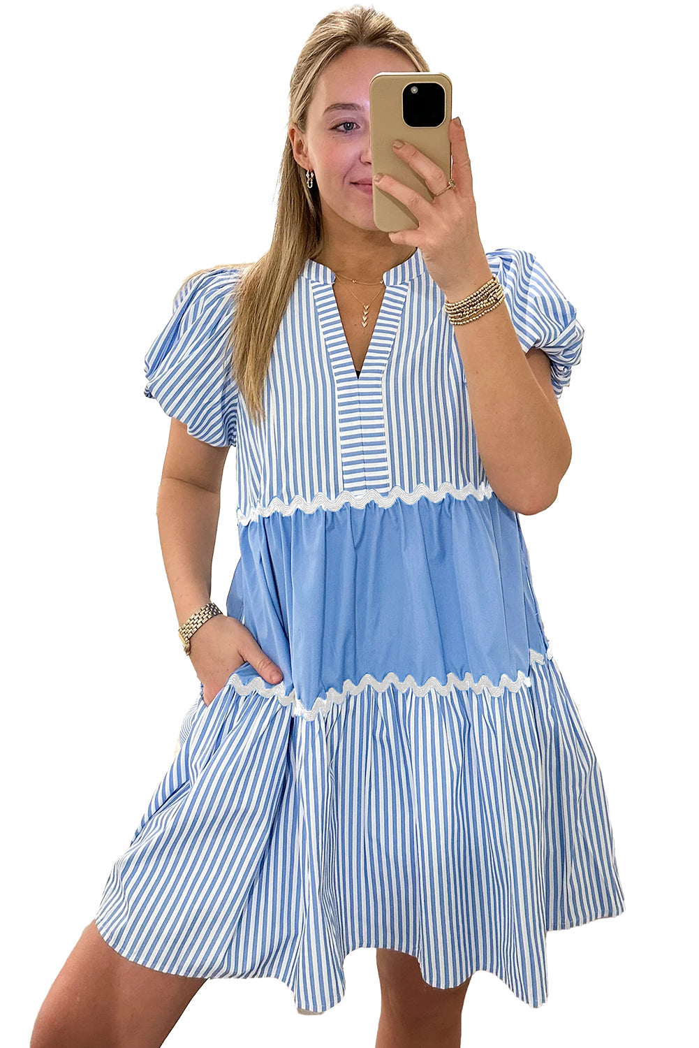 Sky Blue Striped Patchwork Puff Sleeve Pocketed Mini Dress - Eloy Royal