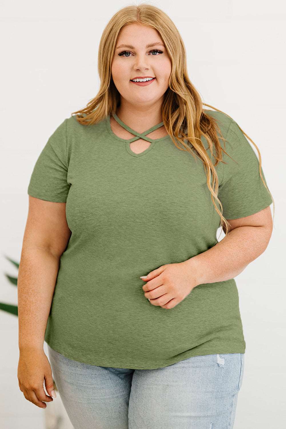 Army Green Casual Crisscross Ribbed Knit  Plus Size Tee