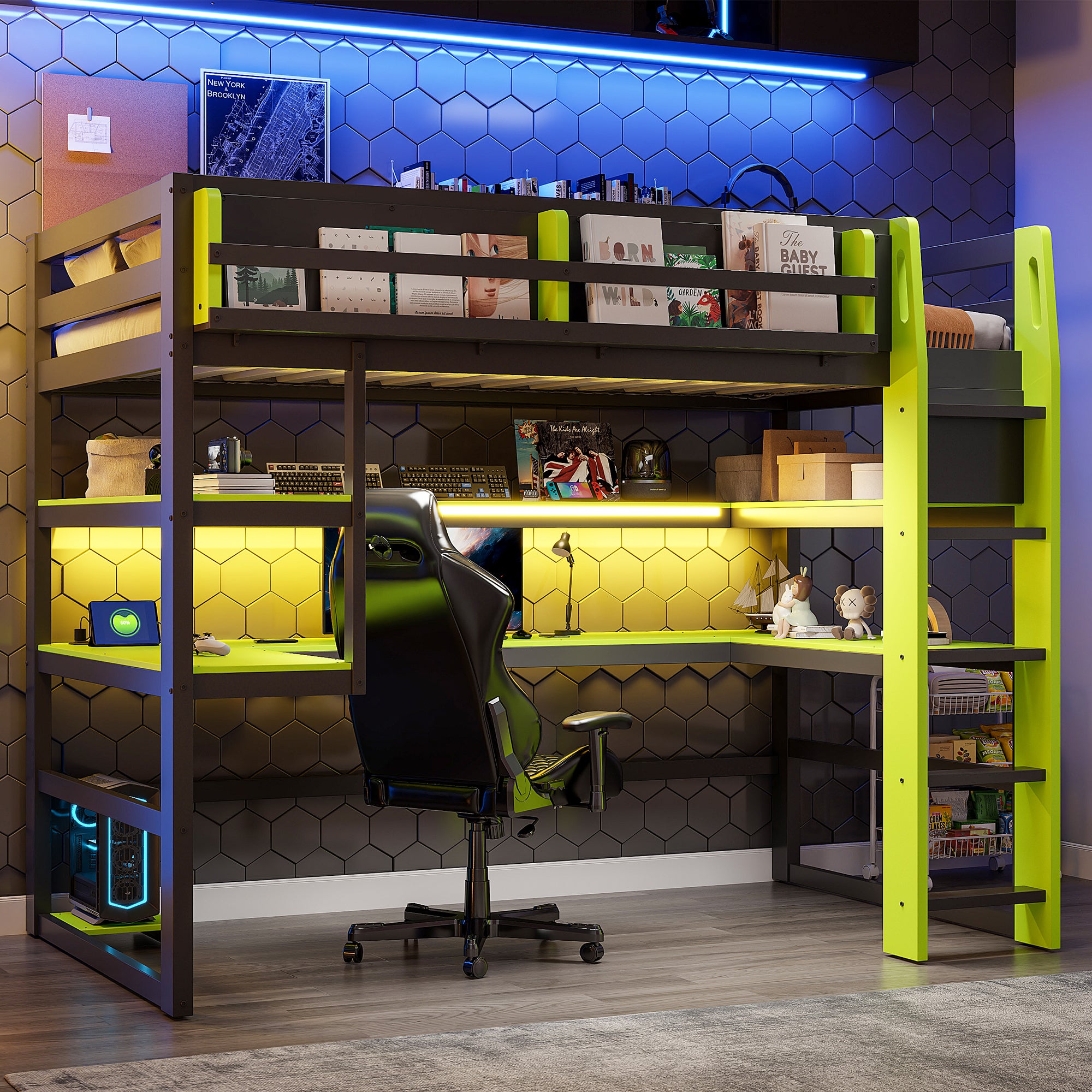 Twin Size Wood Loft Bed with Desk,Side storage rack,Multi-storage Shelves and RGB Light,Green