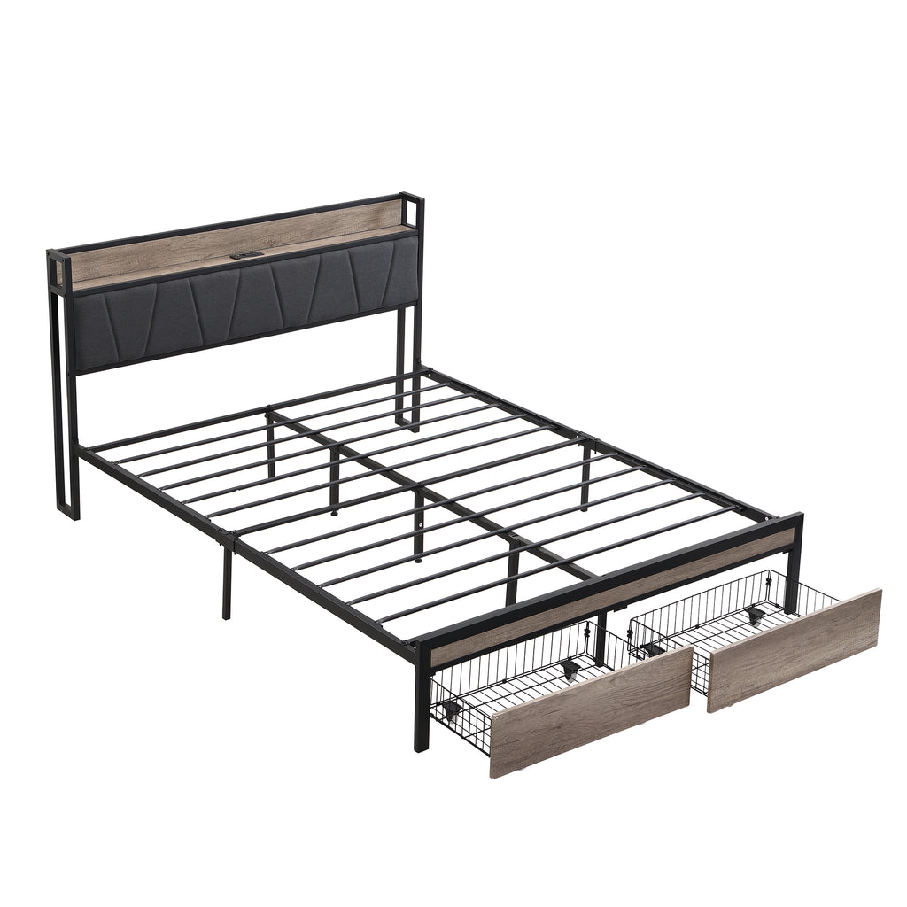 Modern Queen Size Metal Platform Bed Frame with Upholstery Storage Headboard and USB Liner