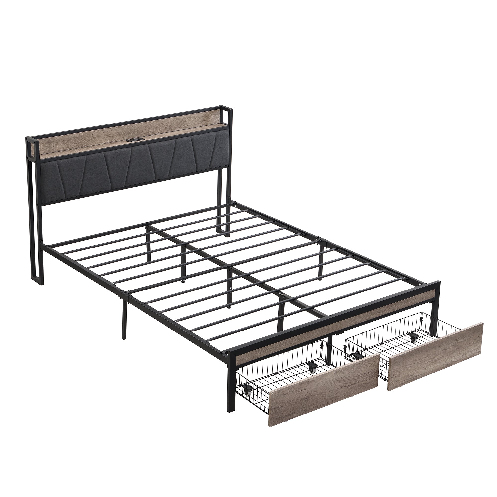 Modern Queen Size Metal Platform Bed Frame with Upholstery Storage Headboard and USB Liner