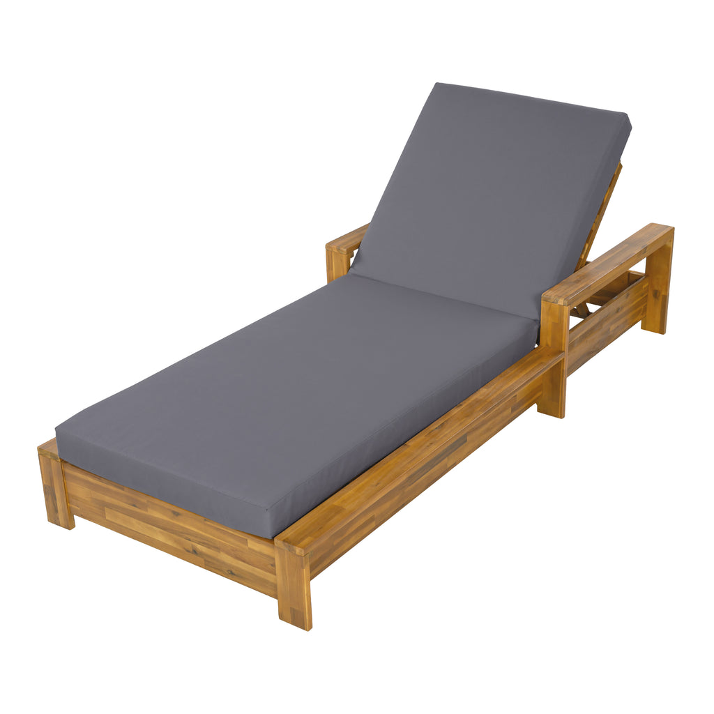 Teak Finish Acacia Wood Chaise Lounge with Armrests, Dark Grey 2-Fold Cushion Set, 3-Position Adjustable Backrest, Water Resistant for Patio Pool