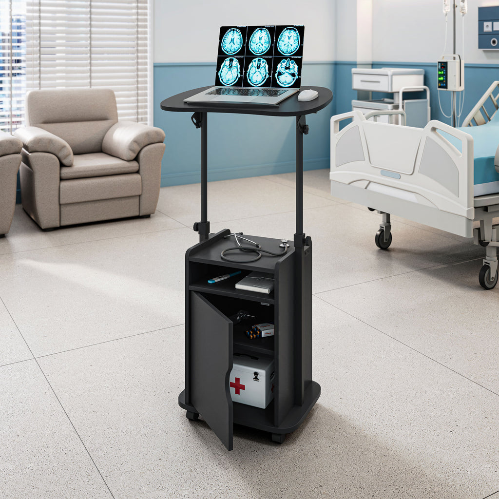 Sit-to-Stand Rolling Adjustable Laptop Cart With Storage, Black