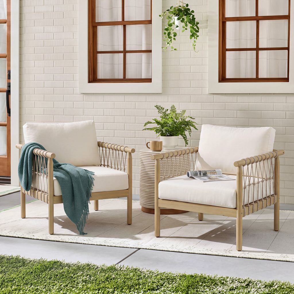 Light Teak Acacia Wood Rope Club Armchair, Oversized Outdoor Lounge Chair for Patio, Backyard with Cream Cushions(Set of 2)