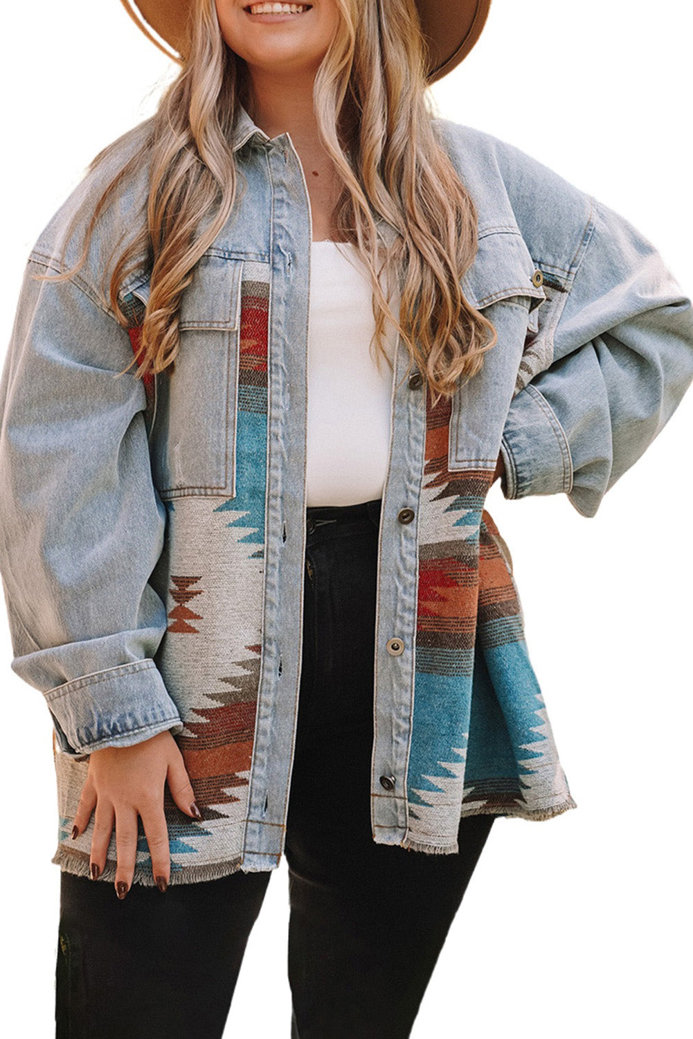 Sky Blue Plus Size Denim Geometric Print Jacket - Eloy Royal