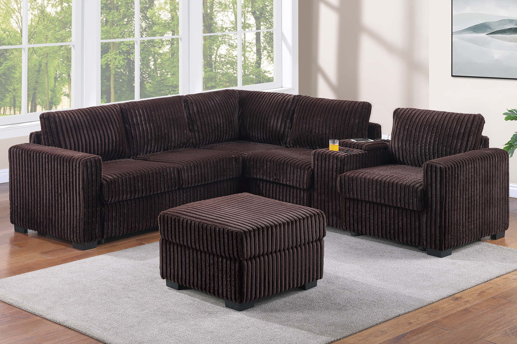 Contemporary Style 4pc L-Shaped Sectional Set USB Cup Holder Cushion Back Loveseat Plastic Legs Cocktail Ottoman Square Arms Coffee Finish Primary Living Room