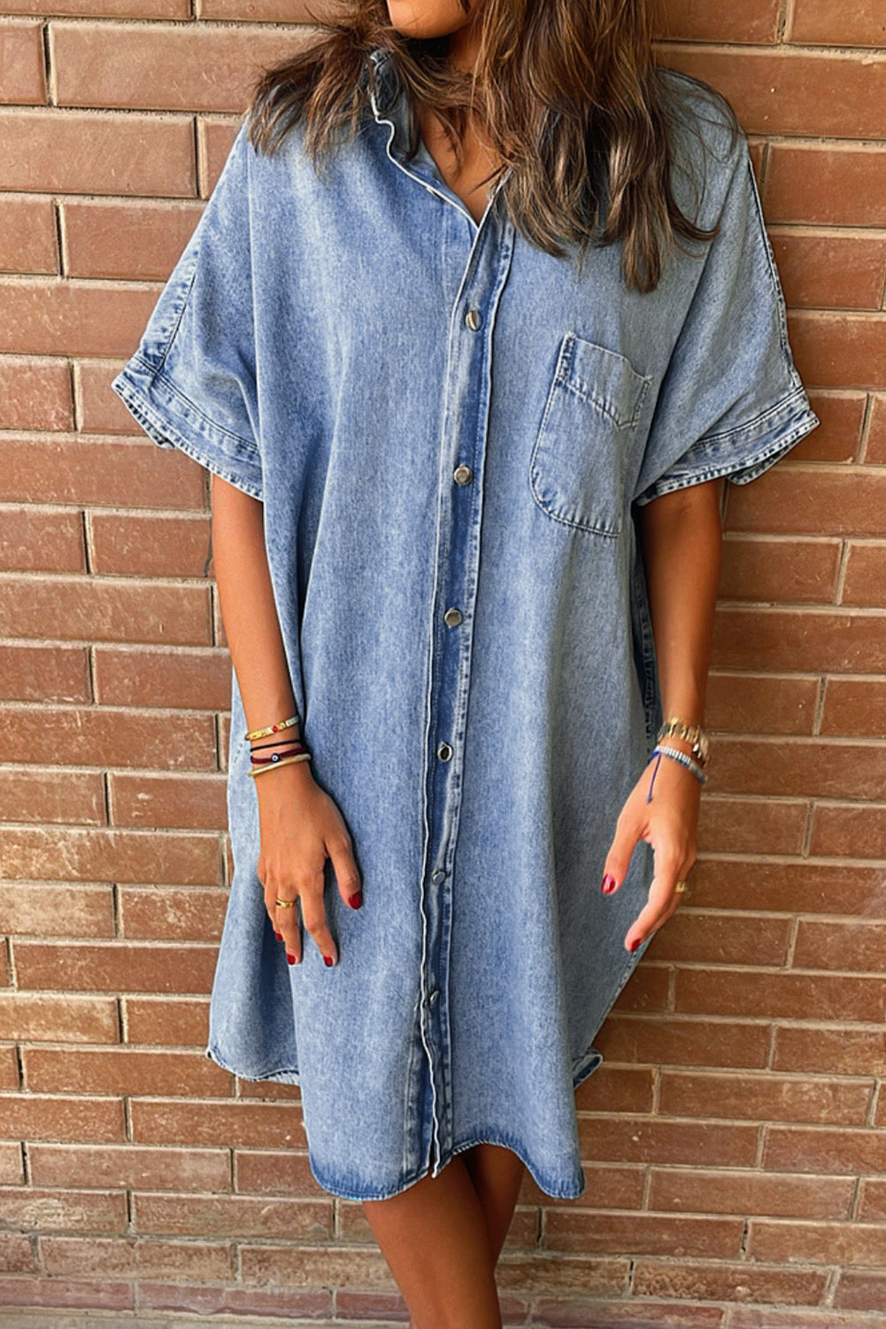 Light Blue Vintage Wash Loose Denim Shirt Dress - Eloy Royal