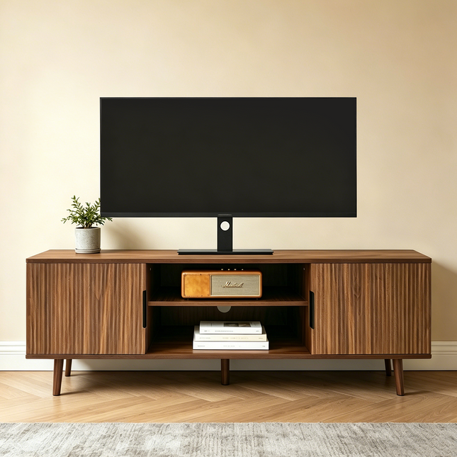 Fluted TV Stands for Living Room, 54.3' Mid Century Modern Entertainment Center, TV Console with Open Shelves, Television Media Cabinet for Bedroom, Walnut