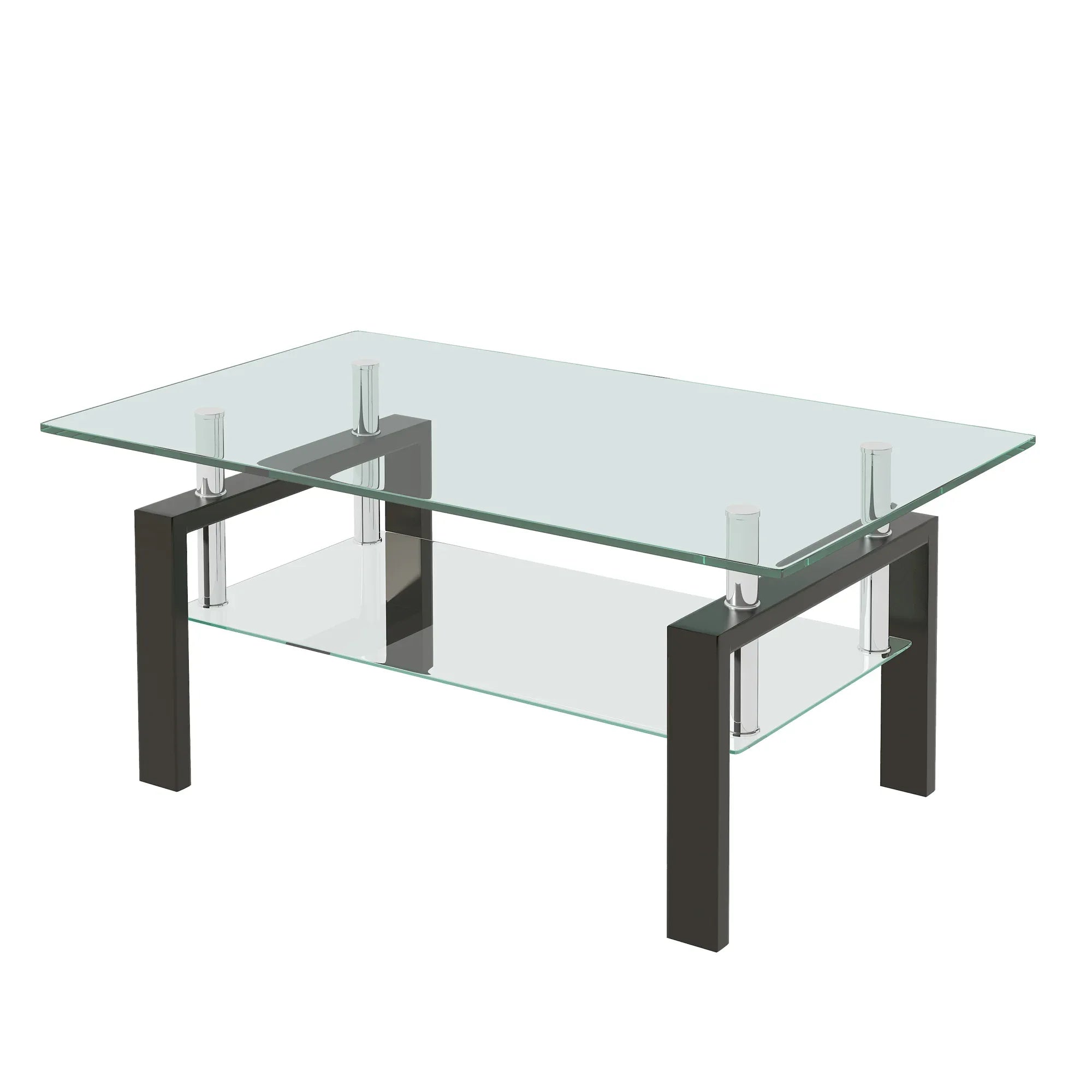 Modern Tempered Clear Glass Coffee Table with 2-Layers and Waterfall Edges for Living Room - Eloy Royal