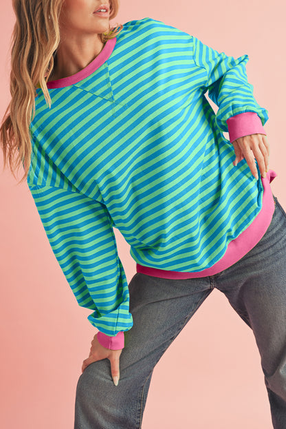 Green Stripe Contrast Edge Oversized Sweatshirt