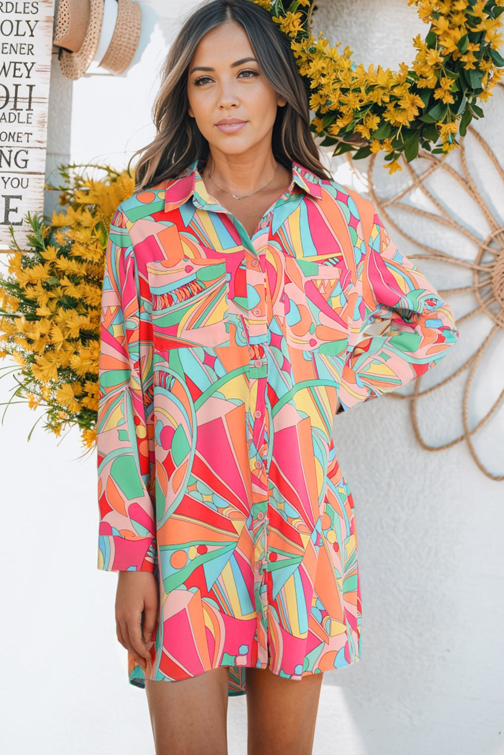 Multicolor Abstract Print Long Sleeve Shirt Dress - Eloy Royal