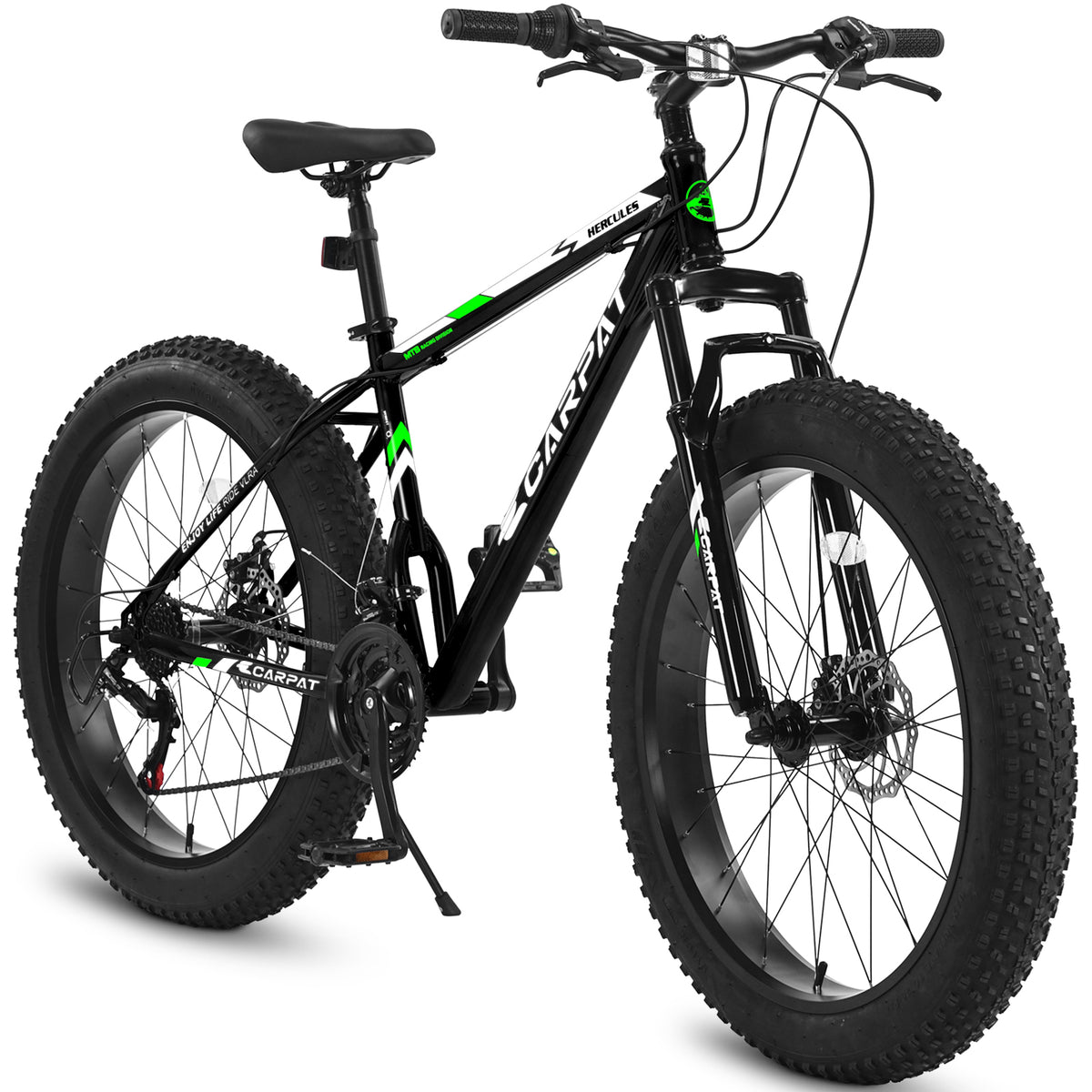 S26109  26 Inch Fat Tire Bike Adult/Youth Full Shimano 21 Speed Mountain Bike, Dual Disc Brake, High-Carbon Steel Frame, Front Suspension, Mountain Trail Bike, Urban Commuter City Bicycle