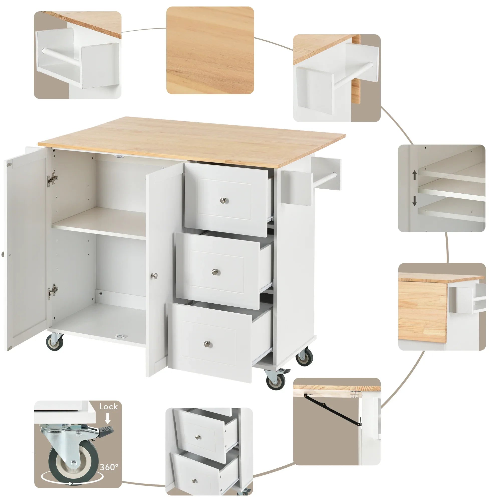 Rolling Mobile Kitchen Island with Solid Wood Top and Locking Wheels,52.7 Inch Width,Storage Cabinet and Drop Leaf Breakfast Bar,Spice Rack, Towel Rack & Drawer (White) - Eloy Royal