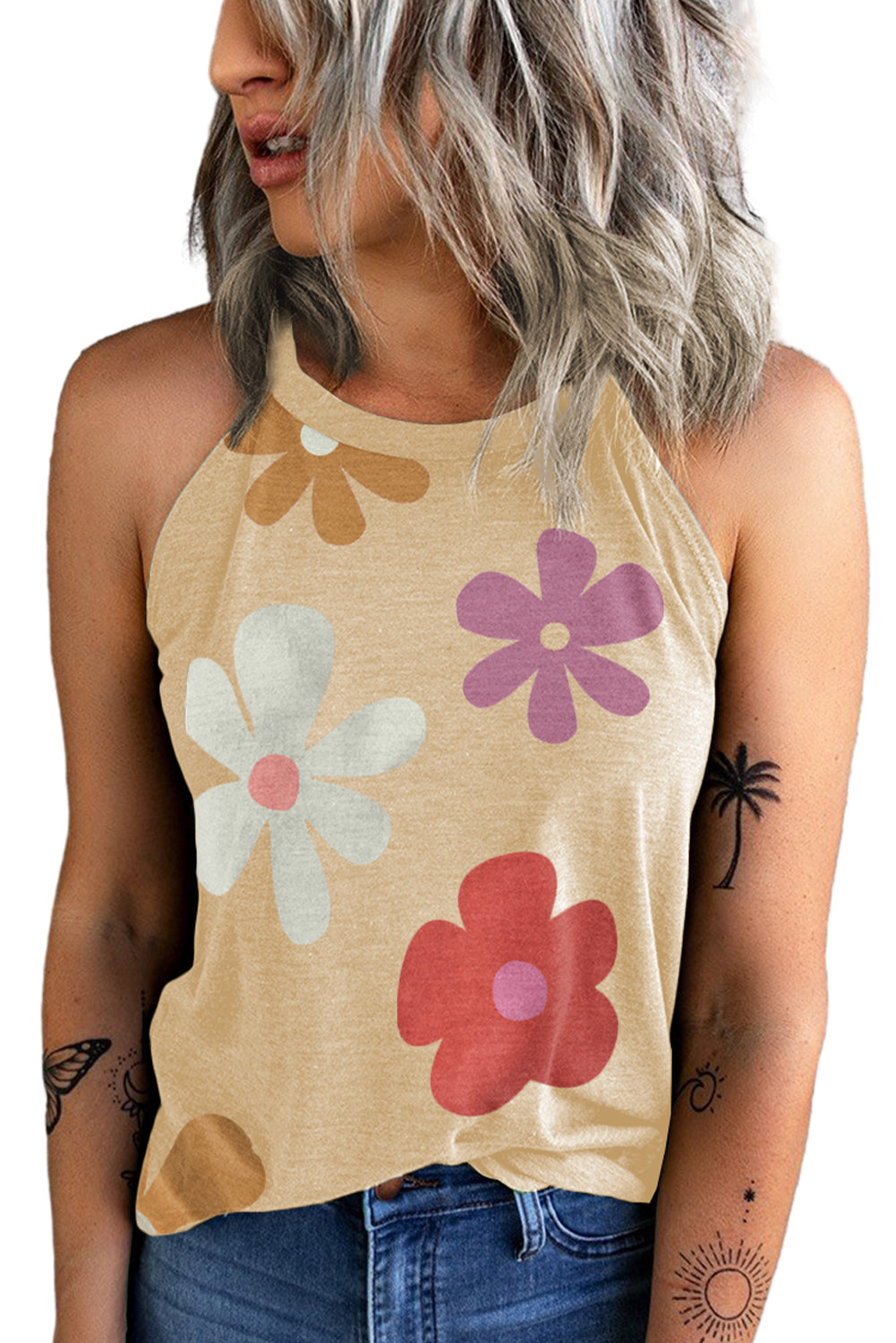 Khaki Flower Print O Neck Summer Tank Top - Eloy Royal