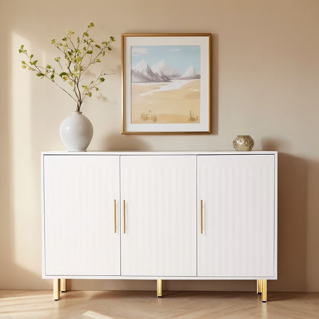 3-Door Large Storage Sideboard with Gold Handles for Kitchen, Dining Room and Living Room.55.12' W Accent White Buffet Cabinet, Coffee Bar Sideboard Cabinet with 3 doors (White)
