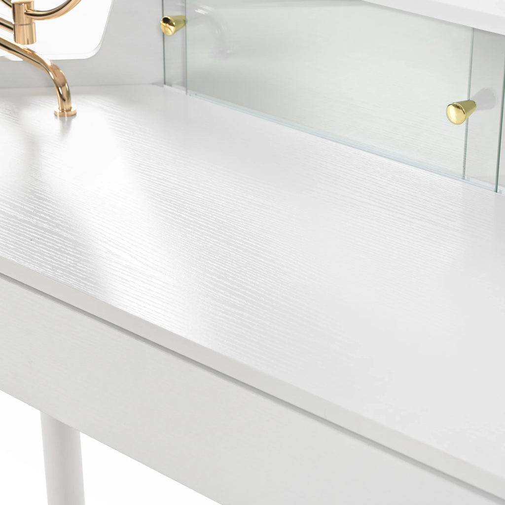 Corner Makeup Vanity Desk With Mirror & LED Lights, Modern Vanity Set With Mirror And Stool, Dressing Table With Large Storage For Small Place, Brightness Adjustable Folding Mirror, White - Eloy Royal