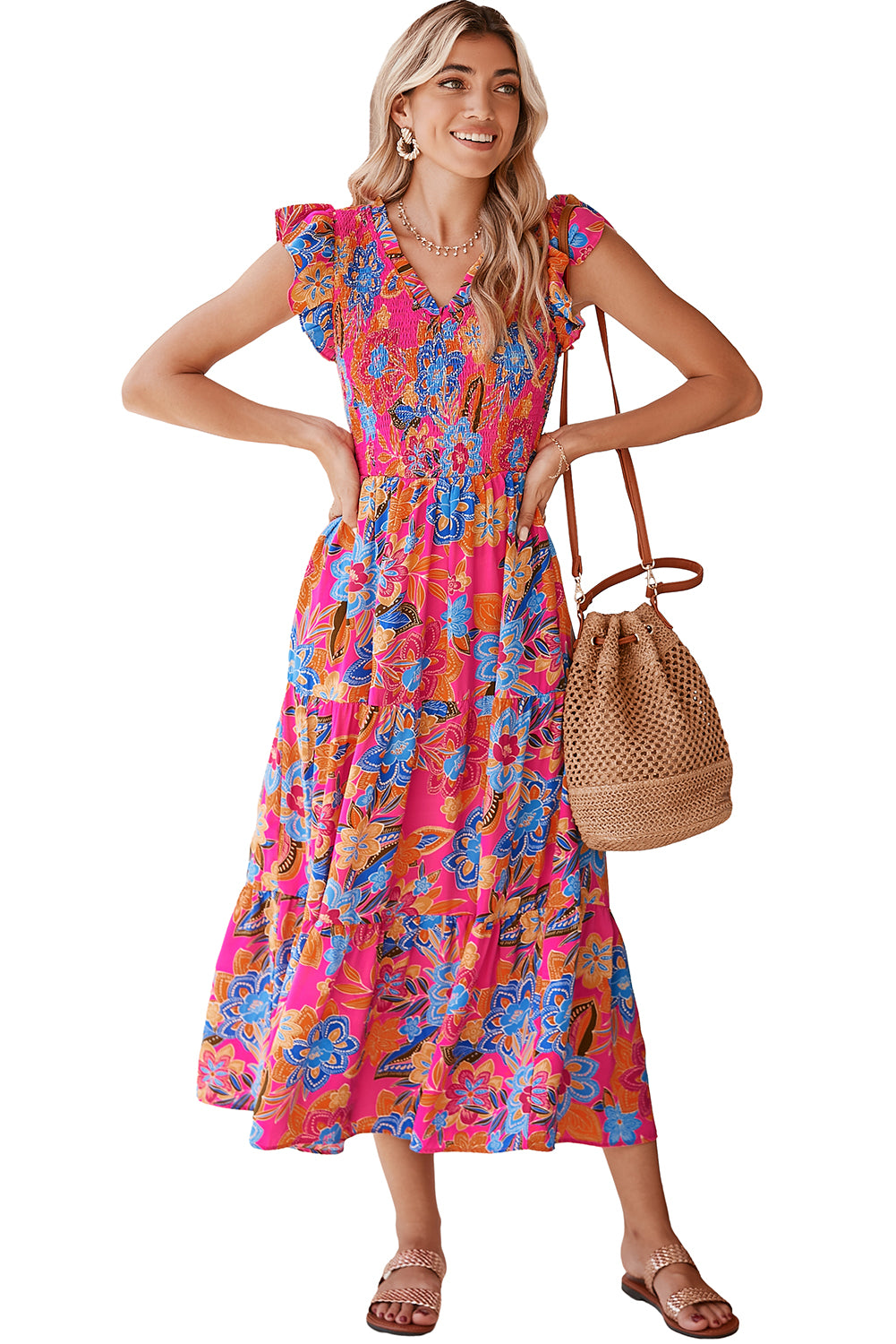 Dark Blue Boho Floral V Neck Ruffle Tiered Long Dress - Eloy Royal