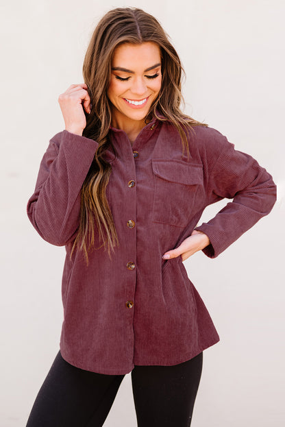 Plum Button Up Patch Pocket Corduroy Shacket - Eloy Royal