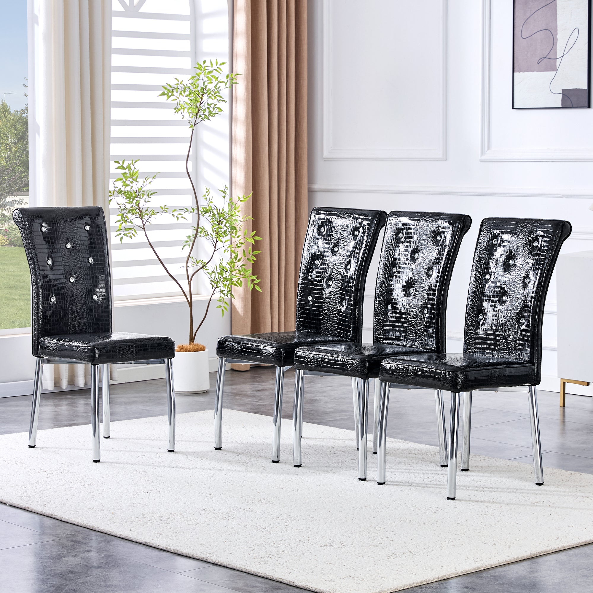 Set of 4,Retro alligator skin Upholstered dining chairs,with Crystal buckle design and Faux Leather design,a touch of elegance and mystery to the dining area,Electroplated metal legs