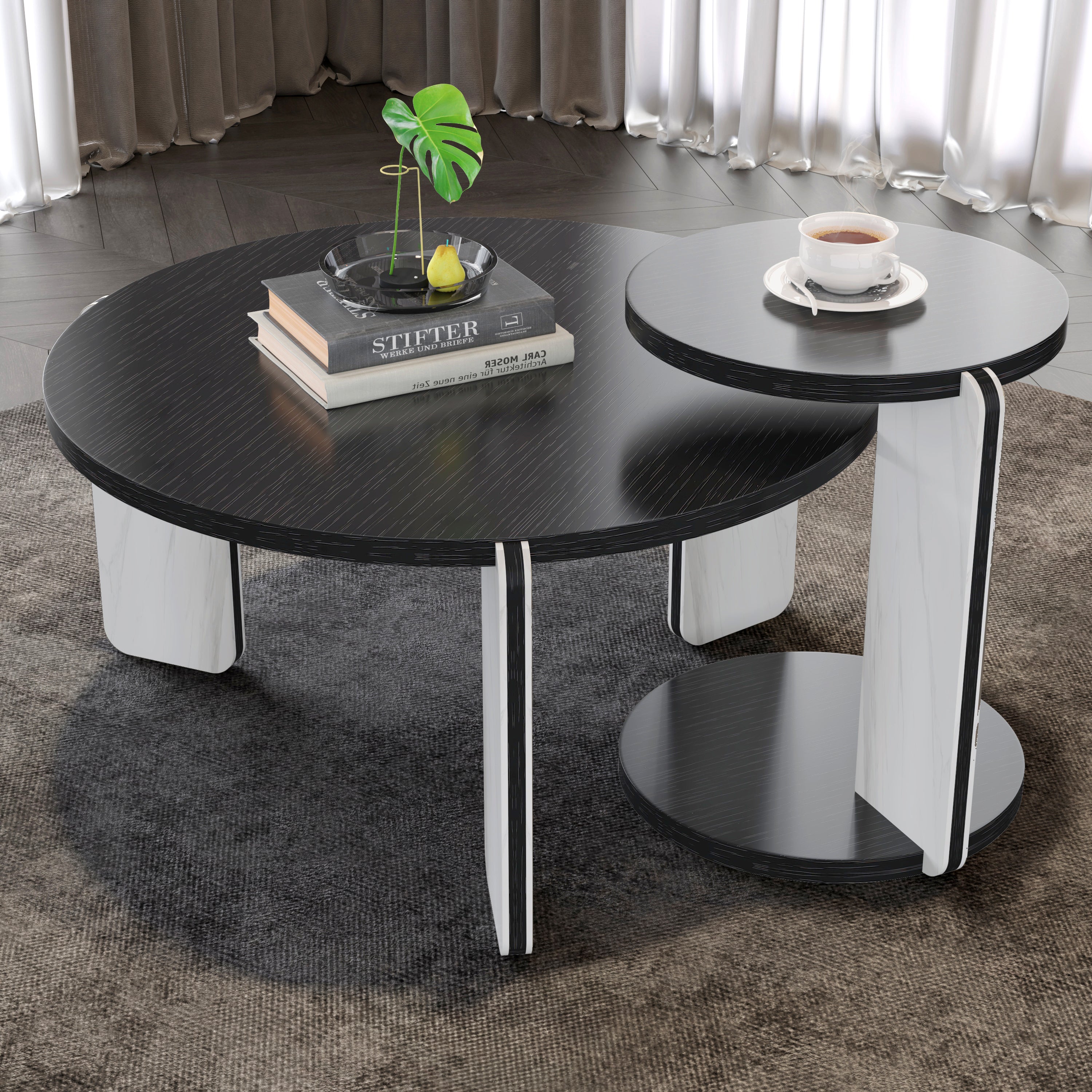 32.68' & 16.93' round coffee table end table sofa table side table set with black OAK veneer surface 25mm MDF for living room dinning room bedroom, Sintered stone legs White+Black, 83 + 43cm diameter