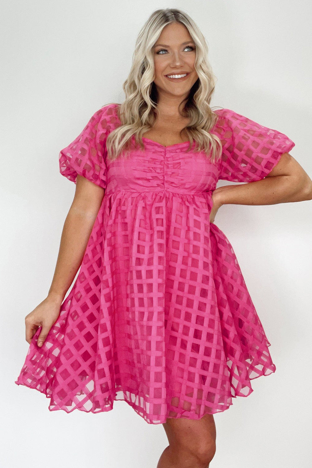 Strawberry Pink Checkered Puff Sleeve Babydoll Dress - Eloy Royal