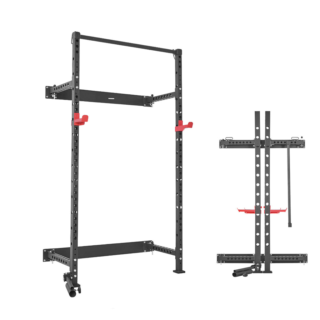 Folding Power Cage, Wall-Mounted Power Rack Squat Rack, Multifunctional Strength Training Workout Equipment with Landmine Holder, Adjustable J-Hooks & Pull-Up Bar for Home Gym, 1000LBS Capacity