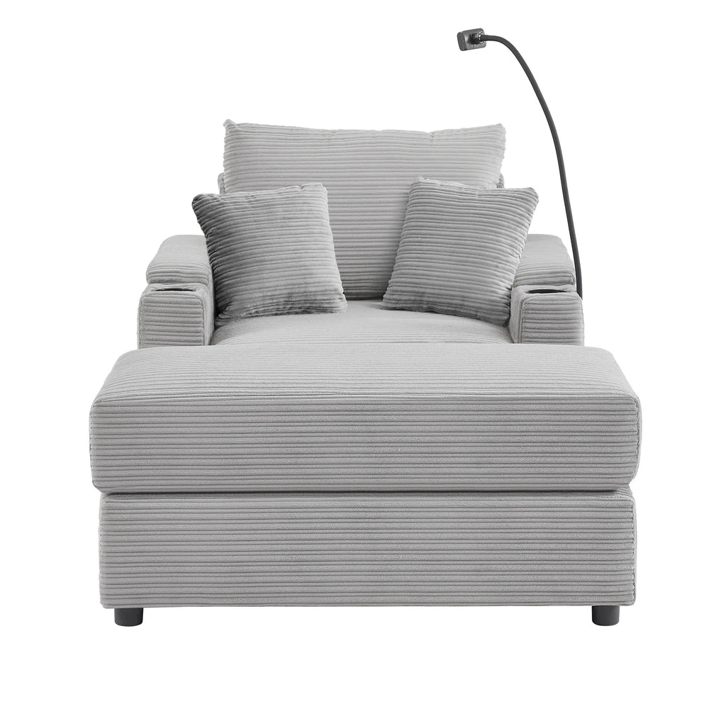 Modern Style Single Sofa Couch with Storage, USB Ports, Cup Holders, and Phone Holder, Grey Corduroy, 41.7' - Eloy Royal