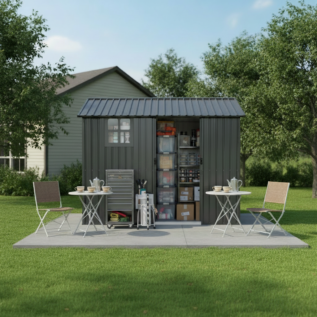 8*6 FT Galvanized Steel Outdoor Storage Shed with Sliding Door, Heavy Duty Metal Tool Shed with Window & Vents, Weatherproof Utility Shed for Backyard Patio Lawn,Gray
