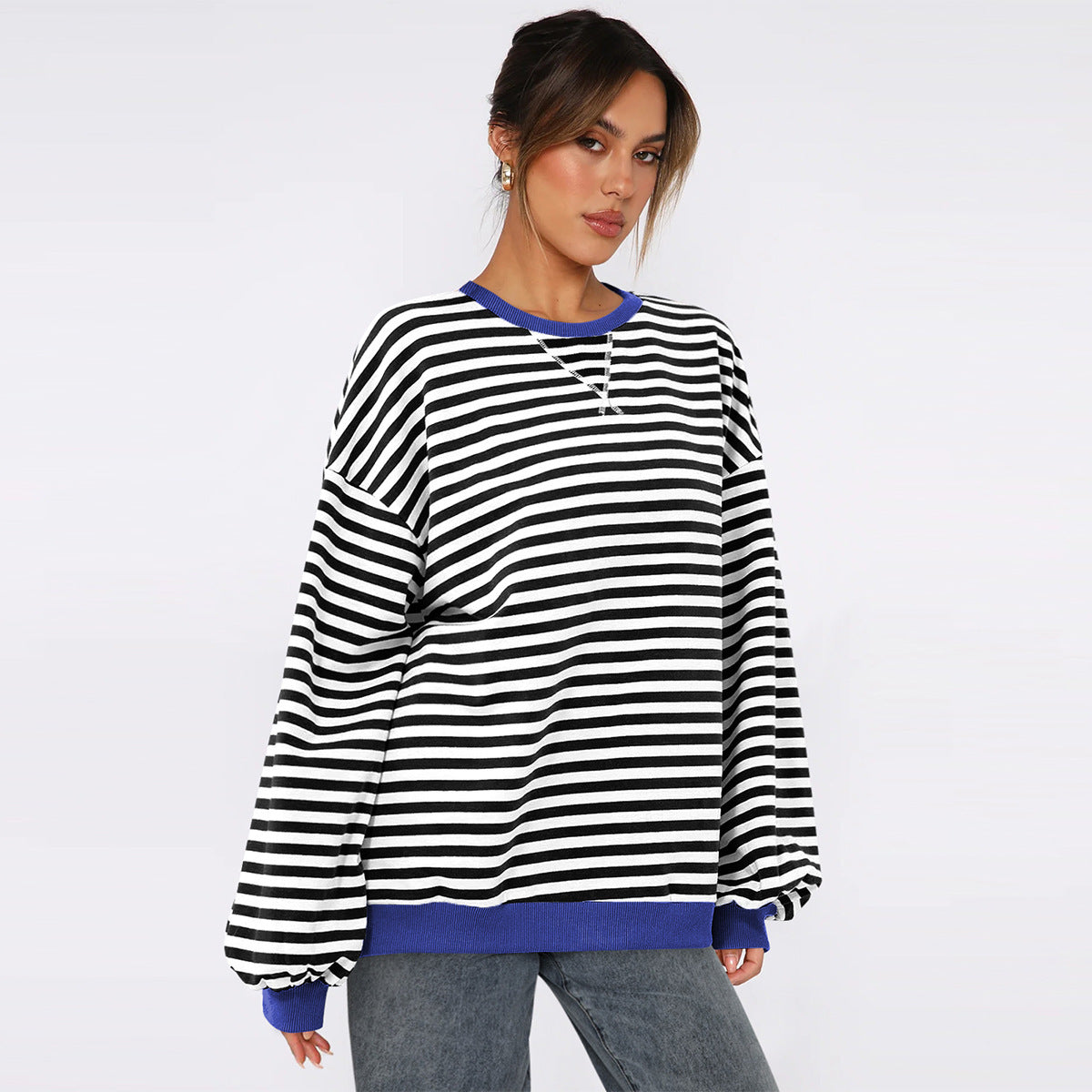 Women's Fashion Round Neck Striped Sweater Loose Bishop Sleeves Top