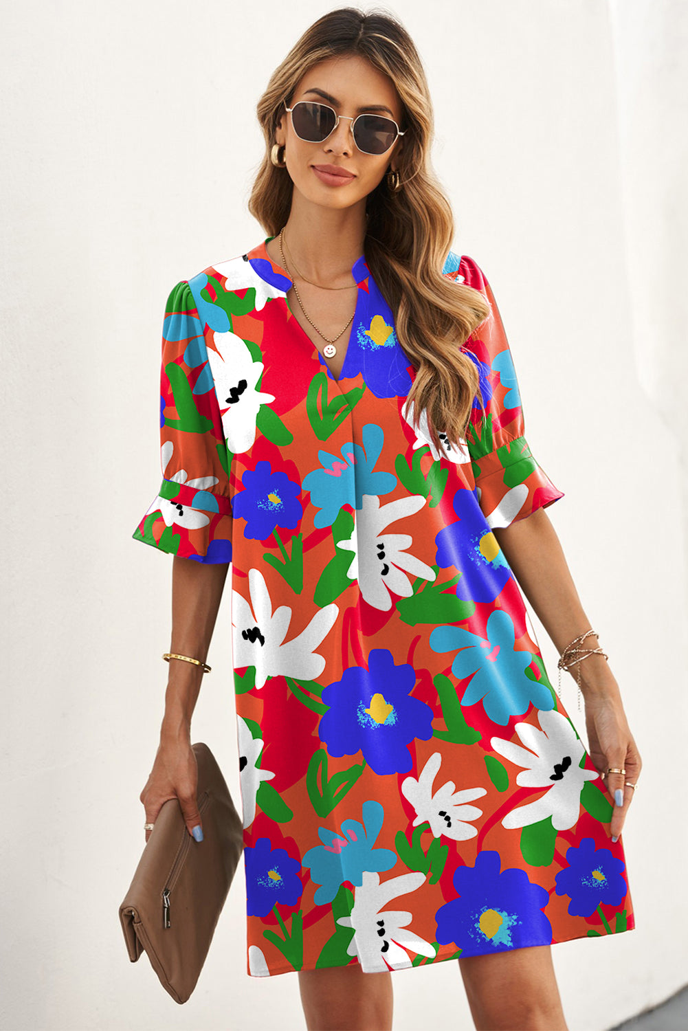 Multicolor Floral Print Mandarin Collar Short Sleeve Tunic Dress - Eloy Royal