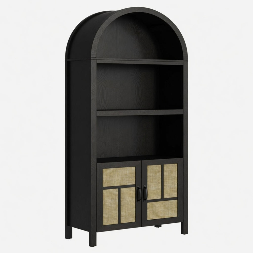 70.2' Tall Black Arched Rattan Pantry Cabinet with Adjustable Storage - Matte Black Engineered Wood & Natural Rattan Doors