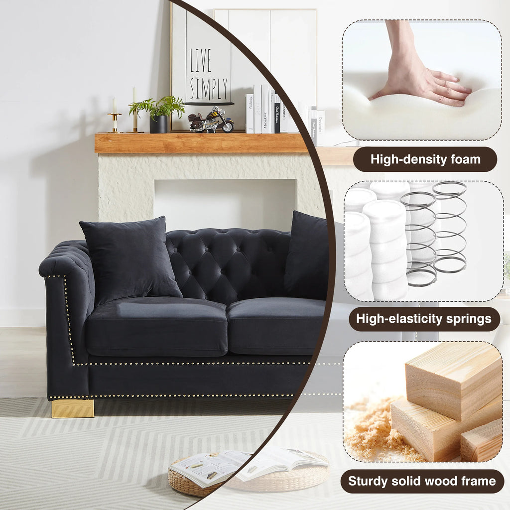 {Video] Classic Modern Style Sofa, 62-inch Chesterfield Classic Rolled Arm Tucked-in Nailhead Decor Cloud Two-Seater Velvet Sofa, Luxury Double Sofa Suitable for Living Room, Bedroom, Apartment, - Eloy Royal