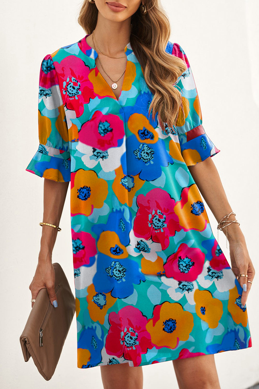 Multicolor Floral Print Mandarin Collar Short Sleeve Tunic Dress - Eloy Royal