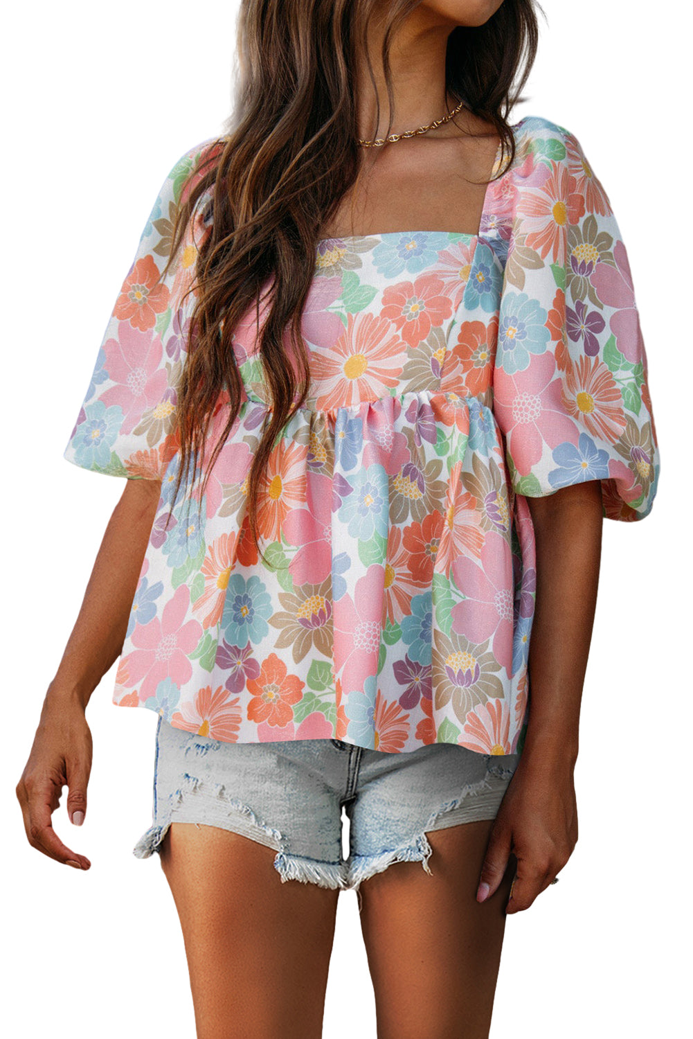 Pink Floral Puff Sleeve Square Neck Babydoll Blouse - Eloy Royal