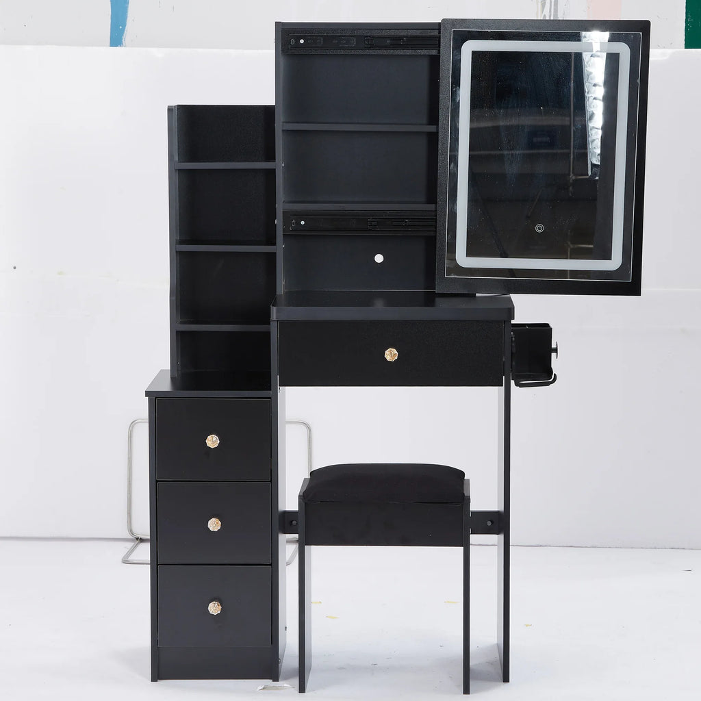 29.2' Small Size Left Bedside Cabinet Vanity Table + Cushioned Stool, 2 AC+2 USB Power Station, Hair dryer bracket, Extra Large Touch Control Sliding LED Mirror, Tri-color Switching, Brightness Adjust - Eloy Royal