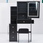 29.2' Small Size Left Bedside Cabinet Vanity Table + Cushioned Stool, 2 AC+2 USB Power Station, Hair dryer bracket, Extra Large Touch Control Sliding LED Mirror, Tri-color Switching, Brightness Adjust - Eloy Royal