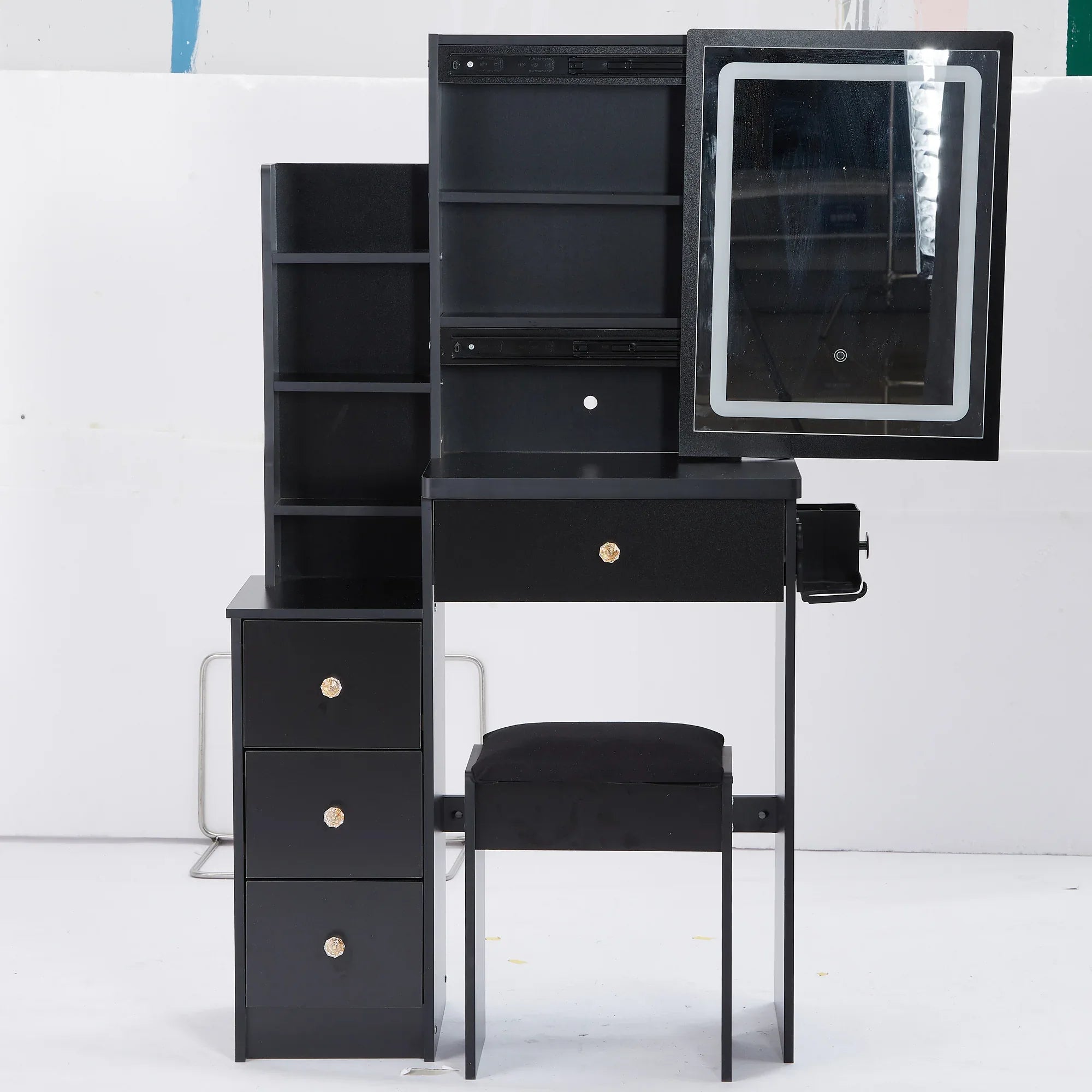 29.2' Small Size Left Bedside Cabinet Vanity Table + Cushioned Stool, 2 AC+2 USB Power Station, Hair dryer bracket, Extra Large Touch Control Sliding LED Mirror, Tri-color Switching, Brightness Adjust - Eloy Royal