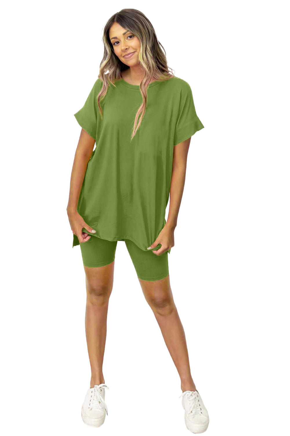 Spinach Green Solid Split Hem Tunic Tee and Tight Shorts Set - Eloy Royal