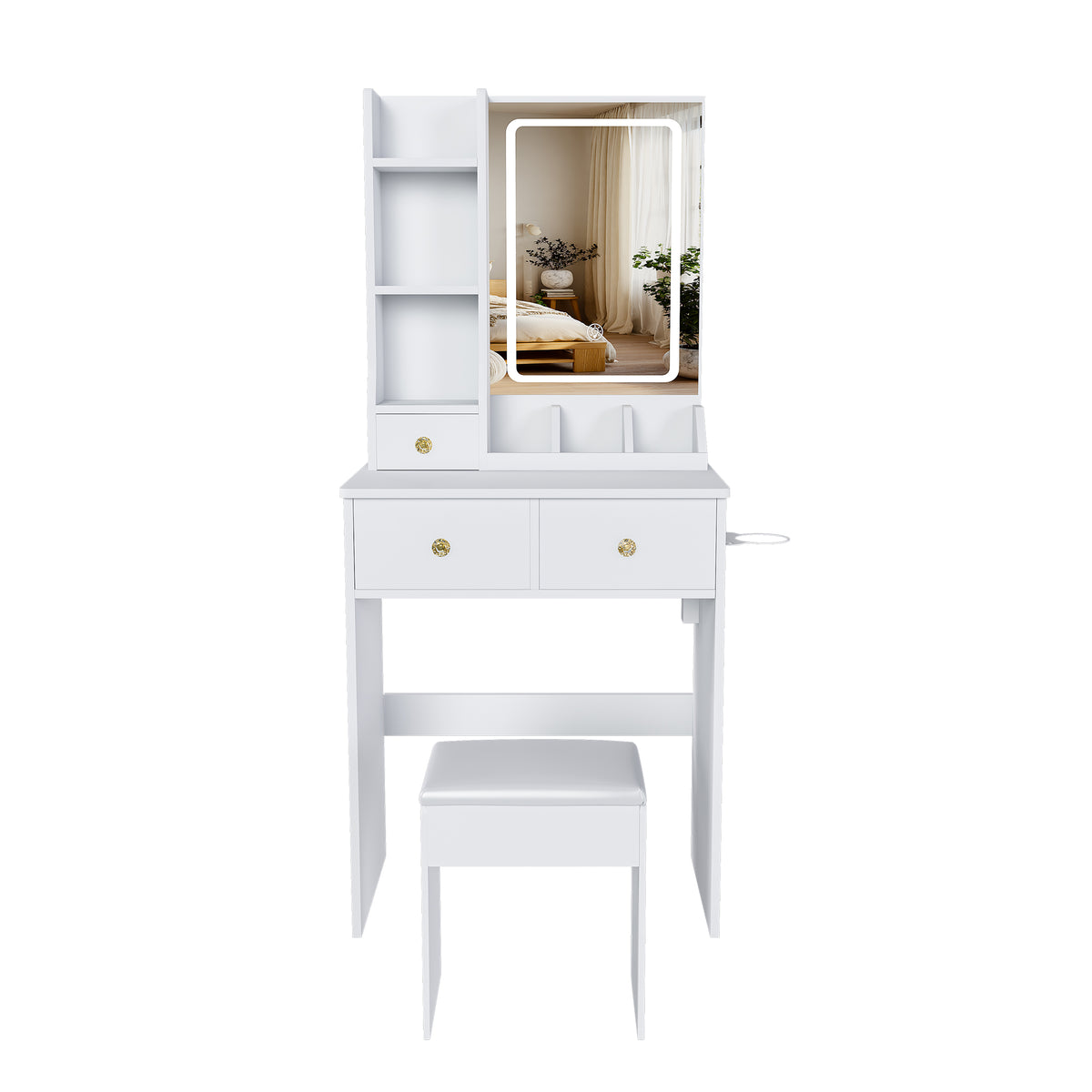 Modern White Vanity Desk with 3 LED Lighting Modes, 3 Drawers, Open Shelves, Hair Dryer Holder, and Dressing Chair - MDF Construction