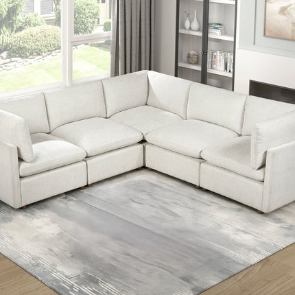 Modern Modular 5-Piece Sectional Sofa Set Beige Upholstered Durable Solid Wood Frame Living Room Furniture