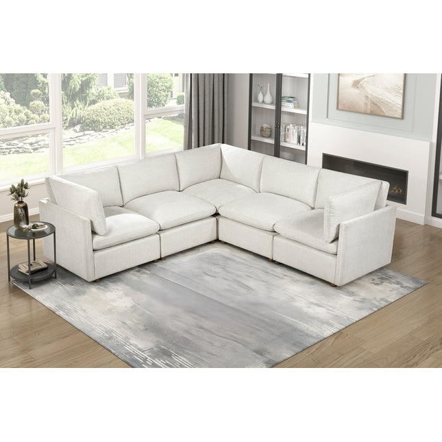 Modern Modular 5-Piece Sectional Sofa Set Beige Upholstered Durable Solid Wood Frame Living Room Furniture